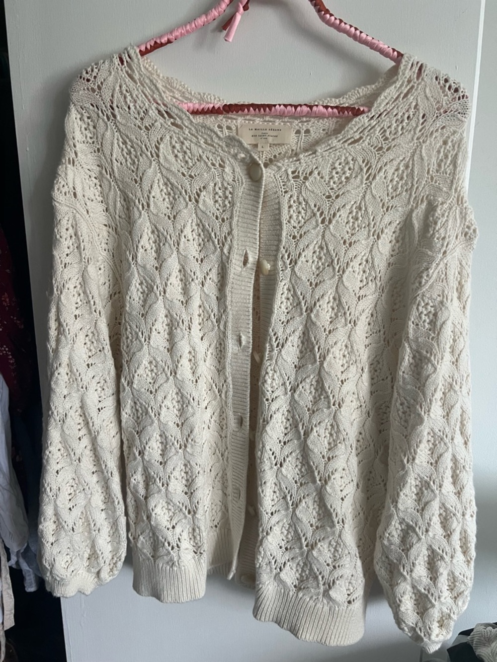 Sezane Cream Open-Knit Lace-Pattern Button Cardigan